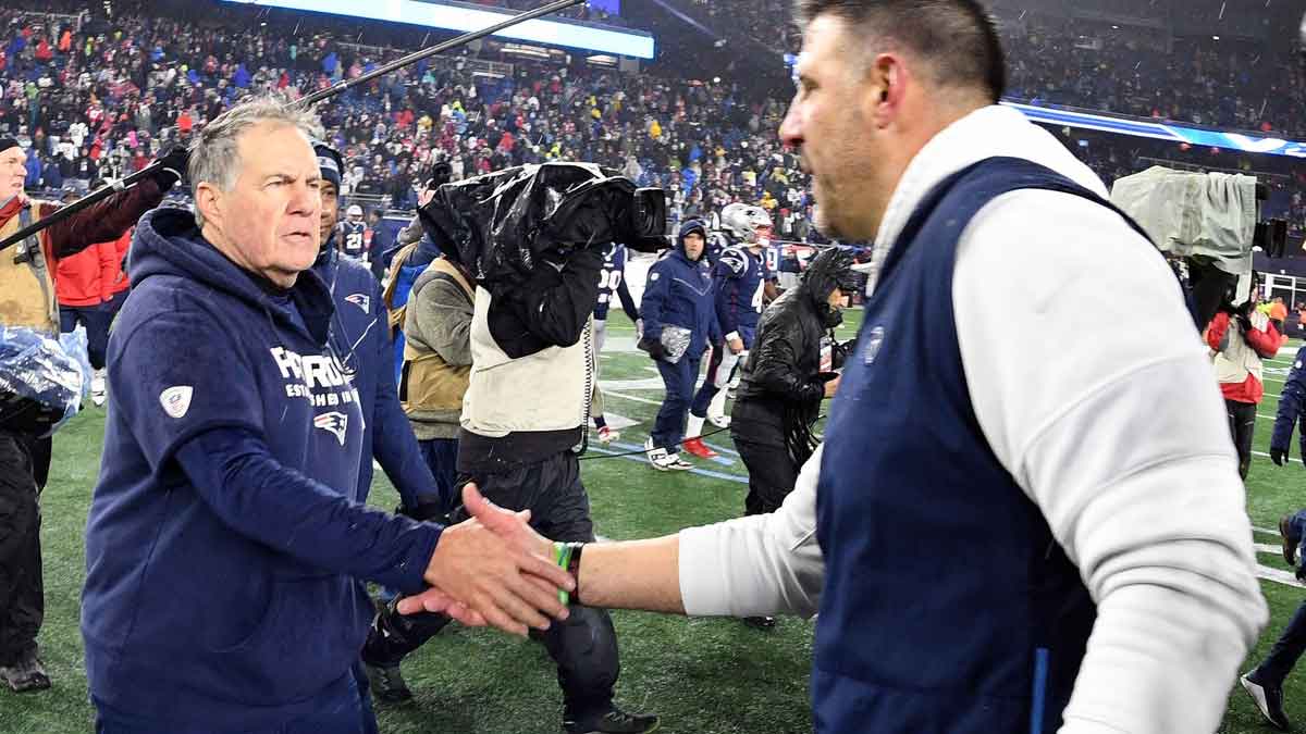 New England Patriots head coach Bill Belichick shakes hands with Tennessee Titans head coach Mike Vrabel after the Patriots lost to the Titans at Gillette Stadium.