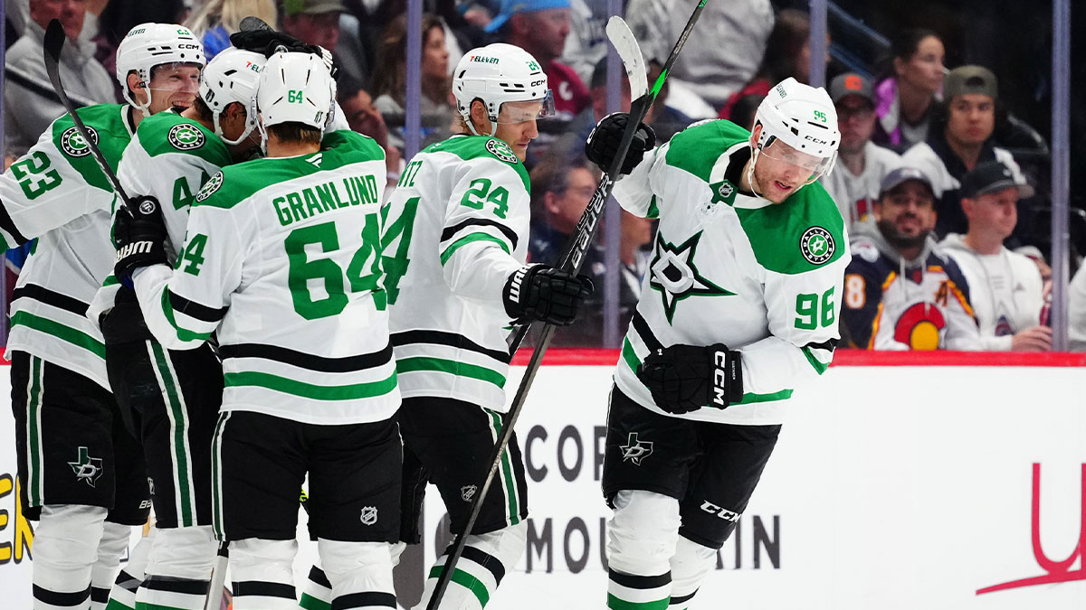 Dallas Stars right wing Mikko Rantanen (96) celebrates his goal ahead goal in the second period against the Colorado Avalanche in game six of the first round of the 2025 Stanley Cup Playoffs at Ball Arena.