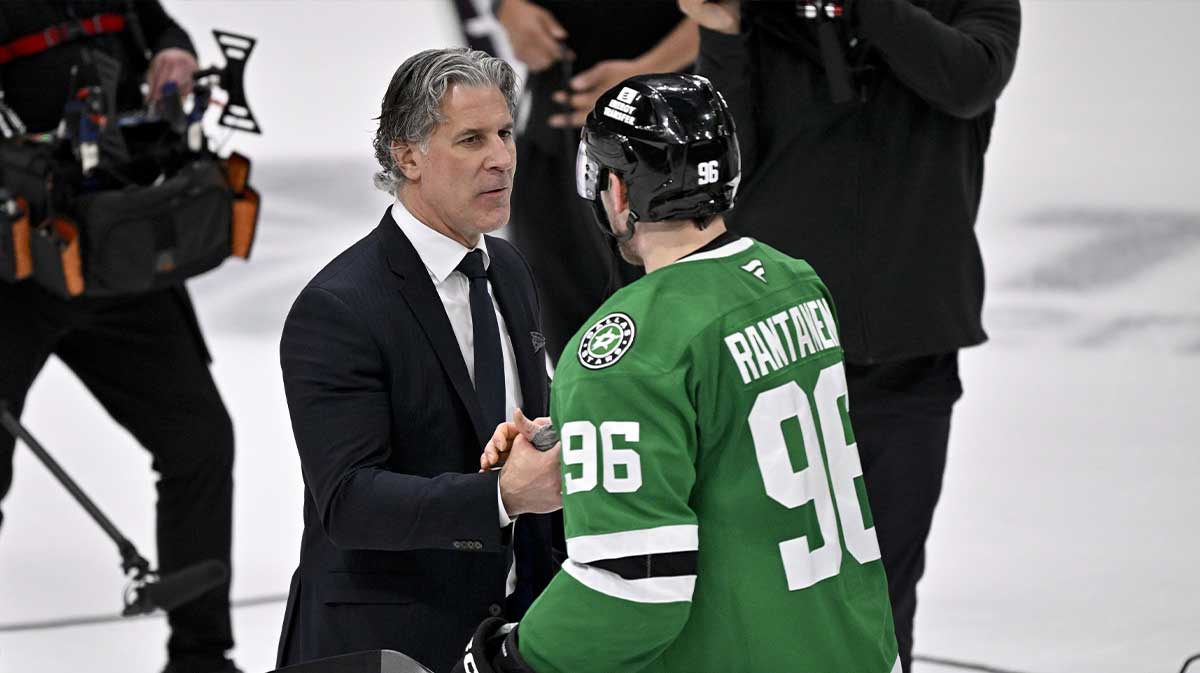 Colorado Avalanche head coach Jared Bednar shakes hands with Dallas Stars right wing Mikko Rantanen (96) after the Stars defeats the Avalanche in game seven of the first round of the 2025 Stanley Cup Playoffs at American Airlines Center.