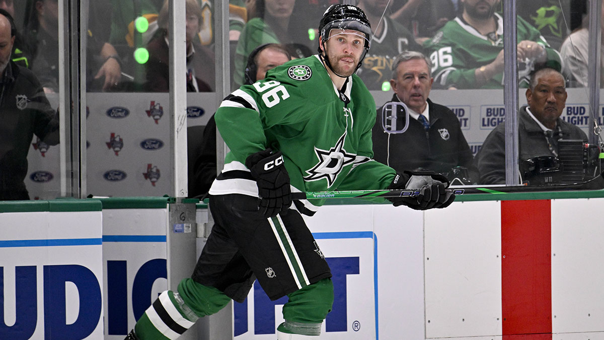 Dallas Stars right wing Mikko Rantanen (96) comes out of the penally box during the second period against the Winnipeg Jets in game three of the second round of the 2025 Stanley Cup Playoffs at American Airlines Center.