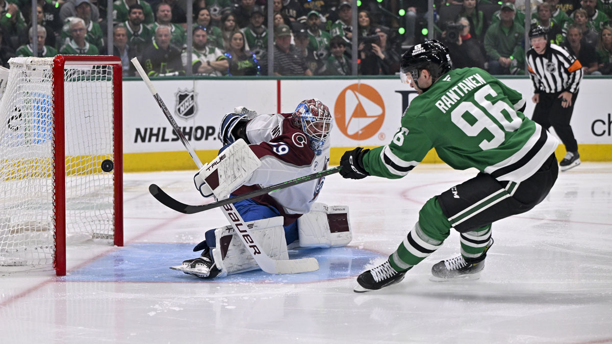 Dallas Stars right wing Mikko Rantanen (96) scores a goal against Colorado Avalanche goaltender Mackenzie Blackwood (39) during the second period in game five of the first round of the 2025 Stanley Cup Playoffs at American Airlines Center