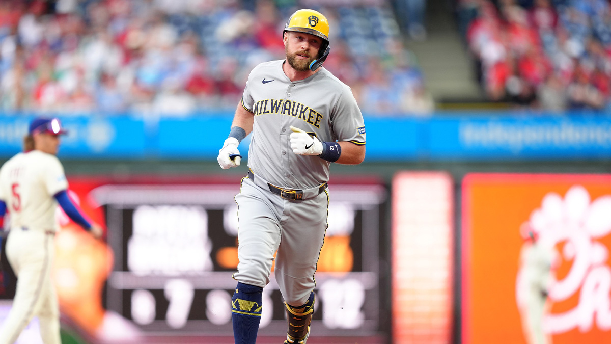 Milwaukee Brewers infielder Rhys Hoskins (12) rounds the bases after hitting a three-run home run against the Philadelphia Phillies in the first inning at Citizens Bank Park.