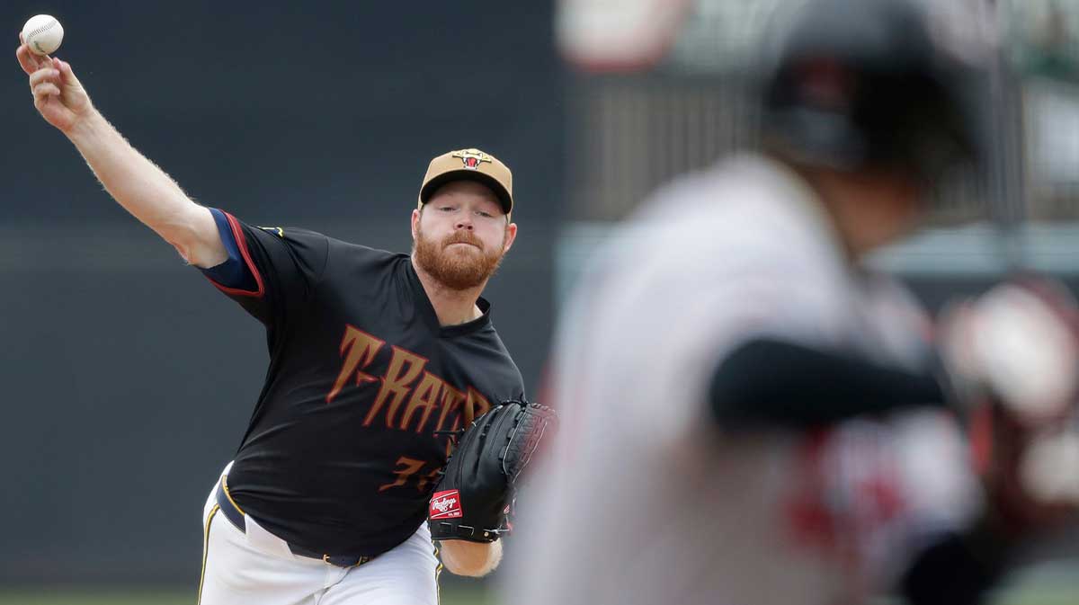 Milwaukee Brewers’ pitcher Brandon Woodruff during a rehabilitation start, following shoulder surgery in November 2023, with the Wisconsin Timber Rattlers on Friday, April 18, 2025, at Neuroscience Group Field at Fox Cities Stadium in Grand Chute, Wis.