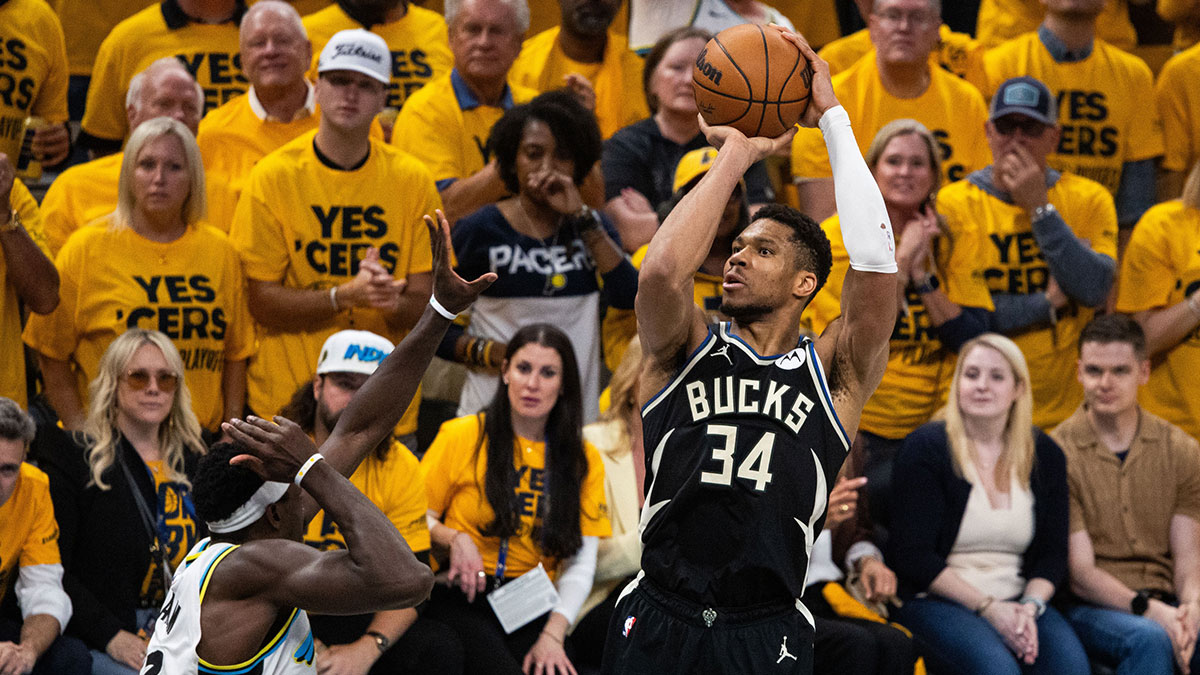 Milwaukee Bucks forward Giannis Antetokounmpo (34) shoots the ball while Indiana Pacers forward Pascal Siakam (43) defends during game five of the first round for the 2024 NBA Playoffs at Gainbridge Fieldhouse.