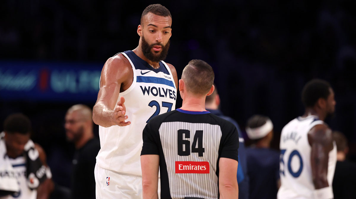 Minnesota Timberwolves center Rudy Gobert (27) talks to referee Justin Van Duyne (64) during the first quarter of game two of first round for the 2024 NBA Playoffs at Crypto.com Arena.