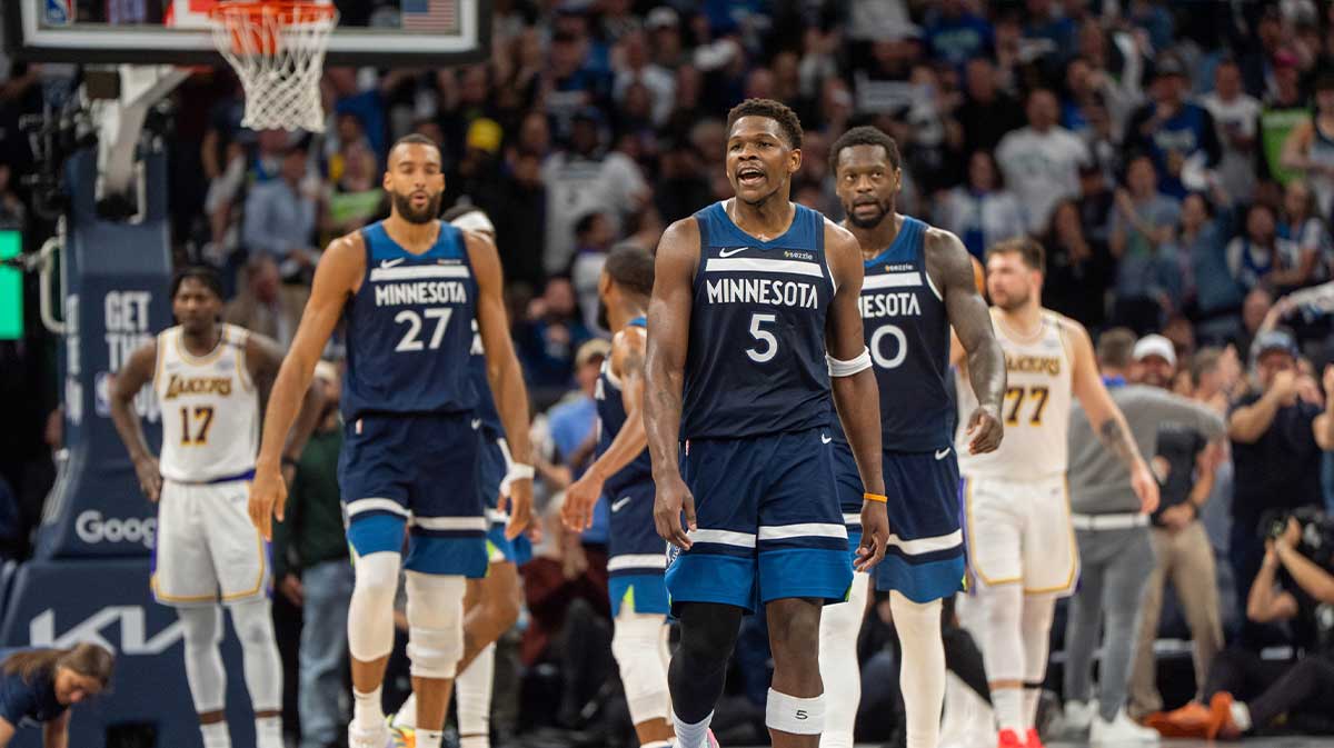 Minnesota Timberwolves guard Anthony Edwards (5) looks to the Los Angeles Lakers bench after scoring and picking up a foul in the second quarter during game four of first round for the 2025 NBA Playoffs at Target Center.
