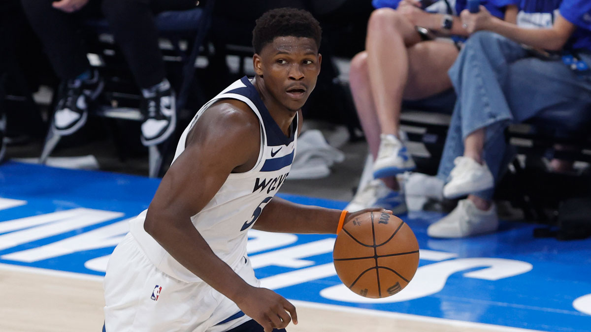 May 22, 2025; Oklahoma City, Oklahoma, USA; Minnesota Timberwolves guard Anthony Edwards (5) dribbles against the Oklahoma City Thunder in the second quarter during game two of the western conference finals for the 2025 NBA Playoffs at Paycom Center. Mandatory Credit: Alonzo Adams-Imagn Images