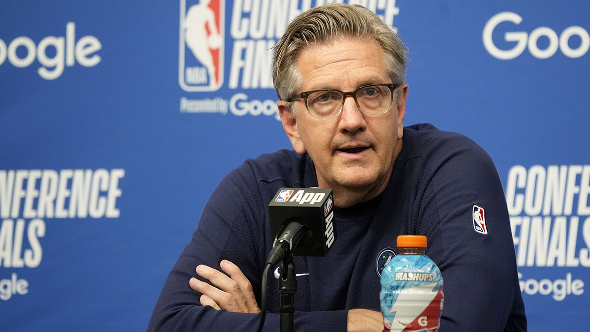 Minnesota Timberwolves head coach Chris Finch talks to the media after the game against the Oklahoma City Thunder after game three of the western conference finals for the 2025 NBA Playoffs at Target Center.