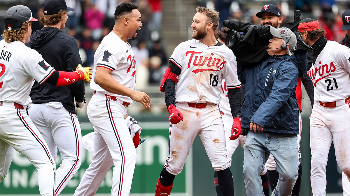 Minnesota Twins second baseman Kody Clemens (18) celebrates his walk off double against the Cleveland Guardians in the ninth inning during game one of a doubleheader at Target Field.