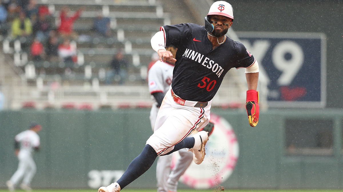 Minnesota Twins right fielder Willi Castro (50) rounds third base to score on a single hit by designated hitter Ryan Jeffers (27) in the third inning during game two of a doubleheader against the Cleveland Guardians at Target Field.