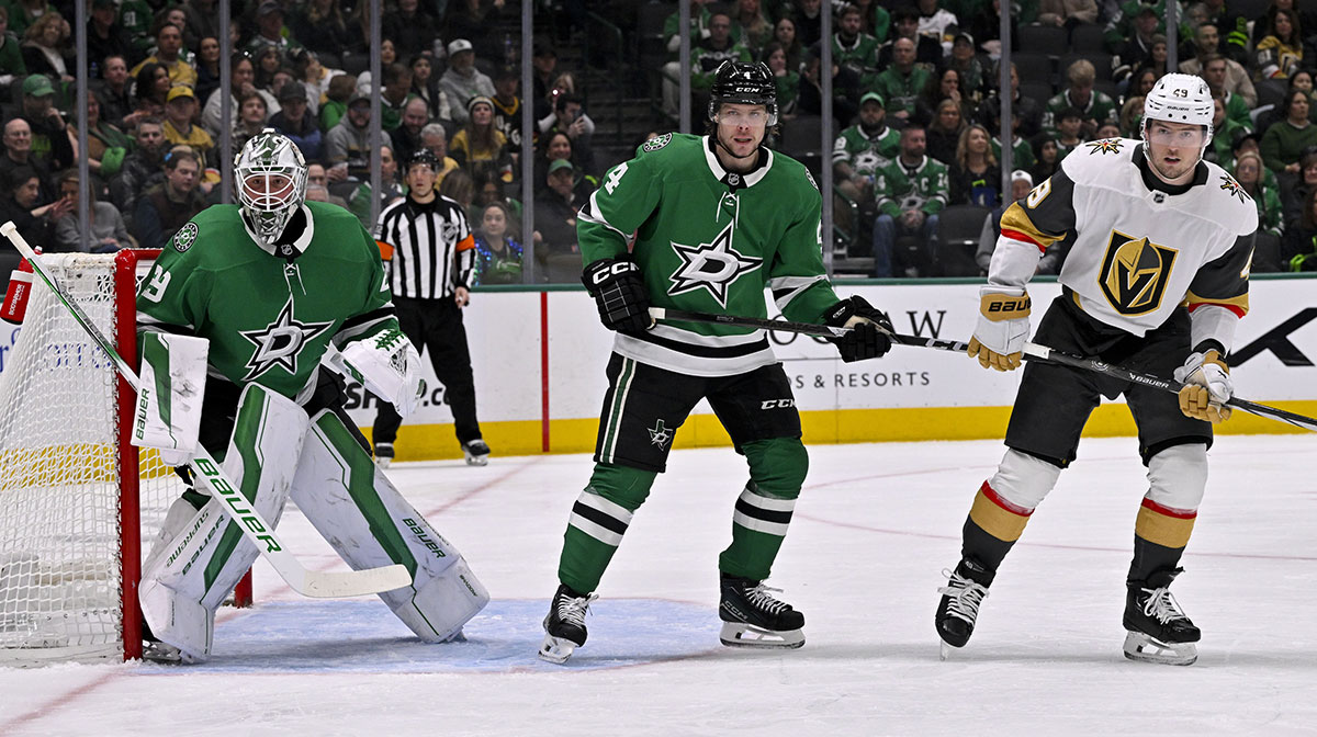 Dallas Stars goaltender Jake Oettinger (29) and defenseman Miro Heiskanen (4) and Vegas Golden Knights center Brendan Brisson (19) in action during the game between the Dallas Stars and the Vegas Golden Knights at the American Airlines Center.