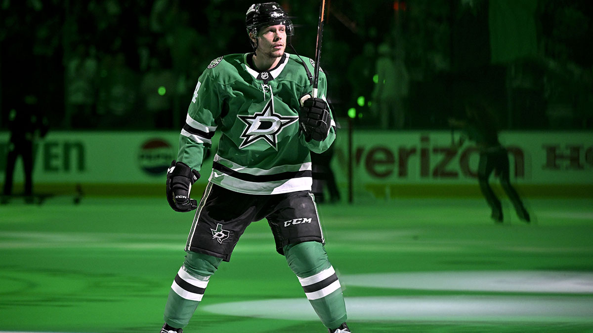 Dallas Stars defenseman Miro Heiskanen (4) is named the number three star in the win over the Winnipeg Jets in game four of the second round of the 2025 Stanley Cup Playoffs at American Airlines Center.