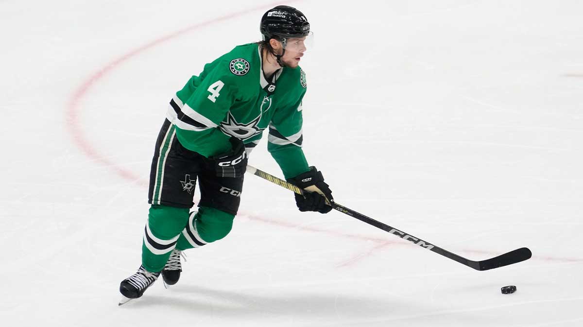 Dallas Stars defenseman Miro Heiskanen (4) in action against the Edmonton Oilers during the third period between the Dallas Stars and the Edmonton Oilers in game five of the Western Conference Final of the 2024 Stanley Cup Playoffs at American Airlines Center.
