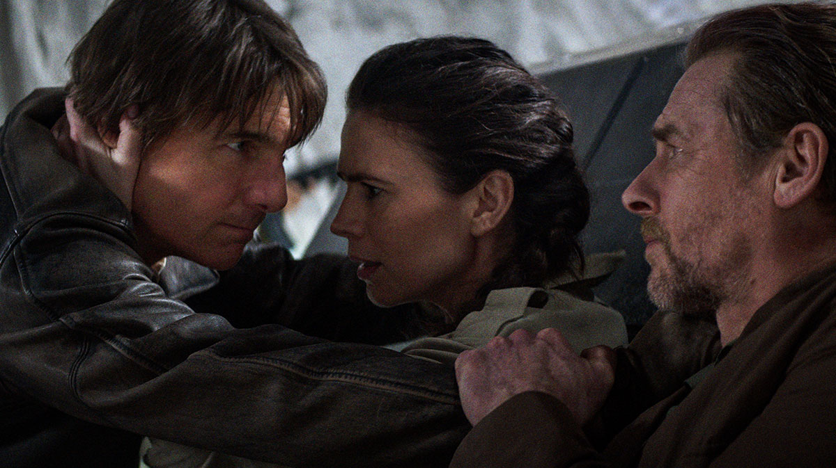 Tom Cruise, Hayley Atwell, and Simon Pegg in Mission: Impossible — The Final Reckoning.