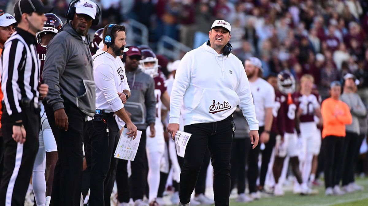 Mississippi State Bulldogs head coach Jeff Lebby reacts on the sideline during the second quarter against the Missouri Tigers at Davis Wade Stadium at Scott Field.