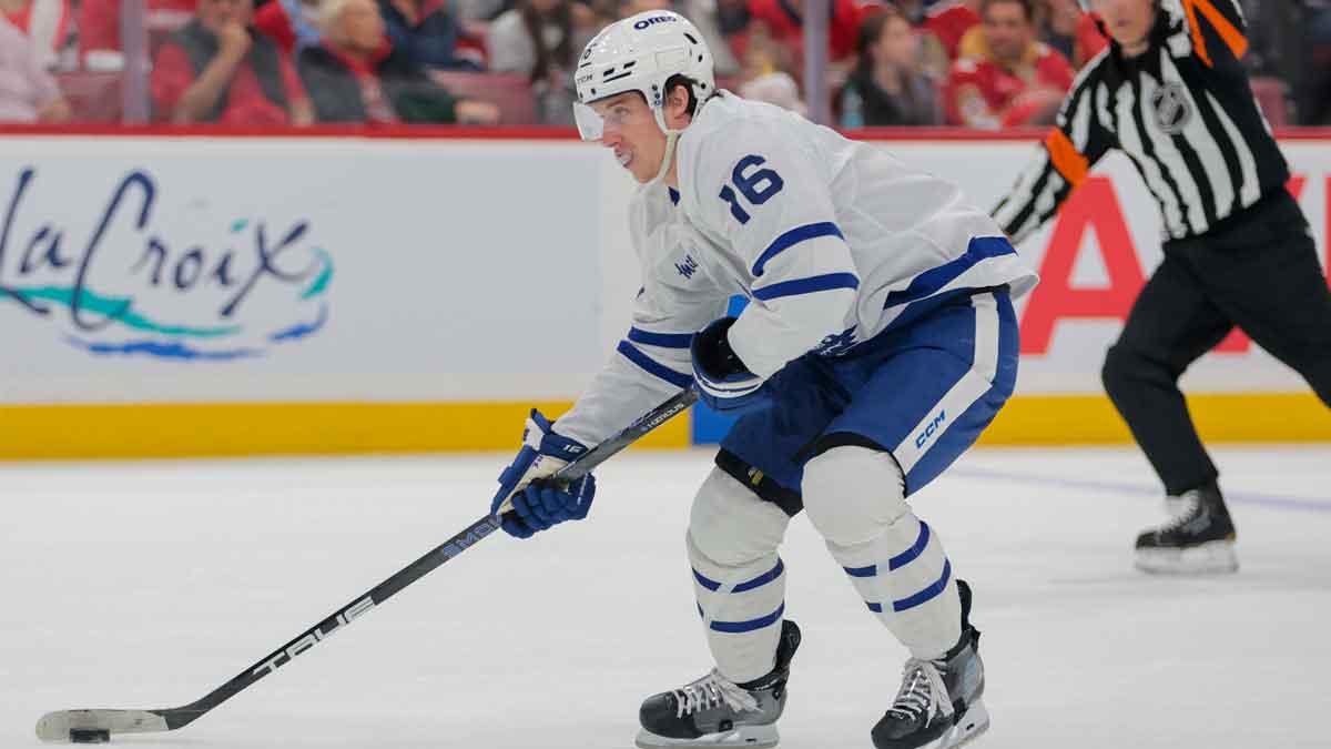 Toronto Maple Leafs right wing Mitch Marner (16) moves the puck against the Florida Panthers during the first period in game three of the second round of the 2025 Stanley Cup Playoffs at Amerant Bank Arena.