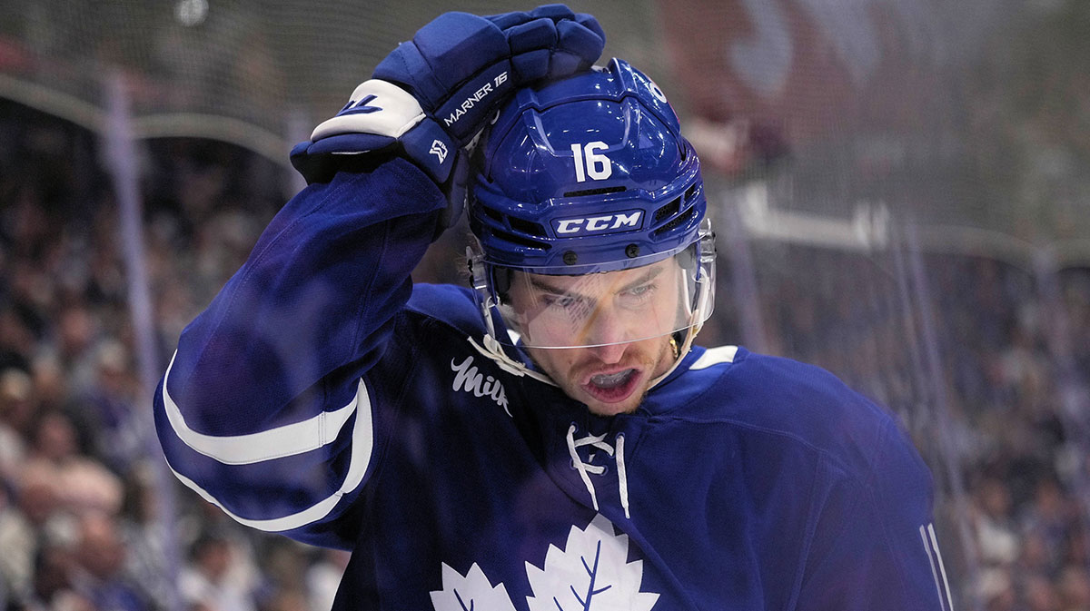 Toronto Maple Leafs forward Mitch Marner (16) adjusts his helmet after a play against the Florida Panthers during the first period of game seven of the second round of the 2025 Stanley Cup Playoffs at Scotiabank Arena.