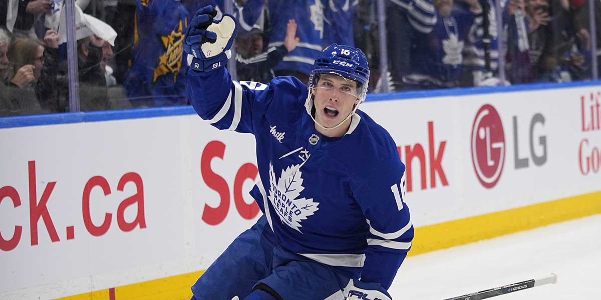 oronto Maple Leafs forward Mitch Marner (16) reacts after scoring against the Ottawa Senators during the first period of game one of the first round of the 2025 Stanley Cup Playoffs at Scotiabank Arena.