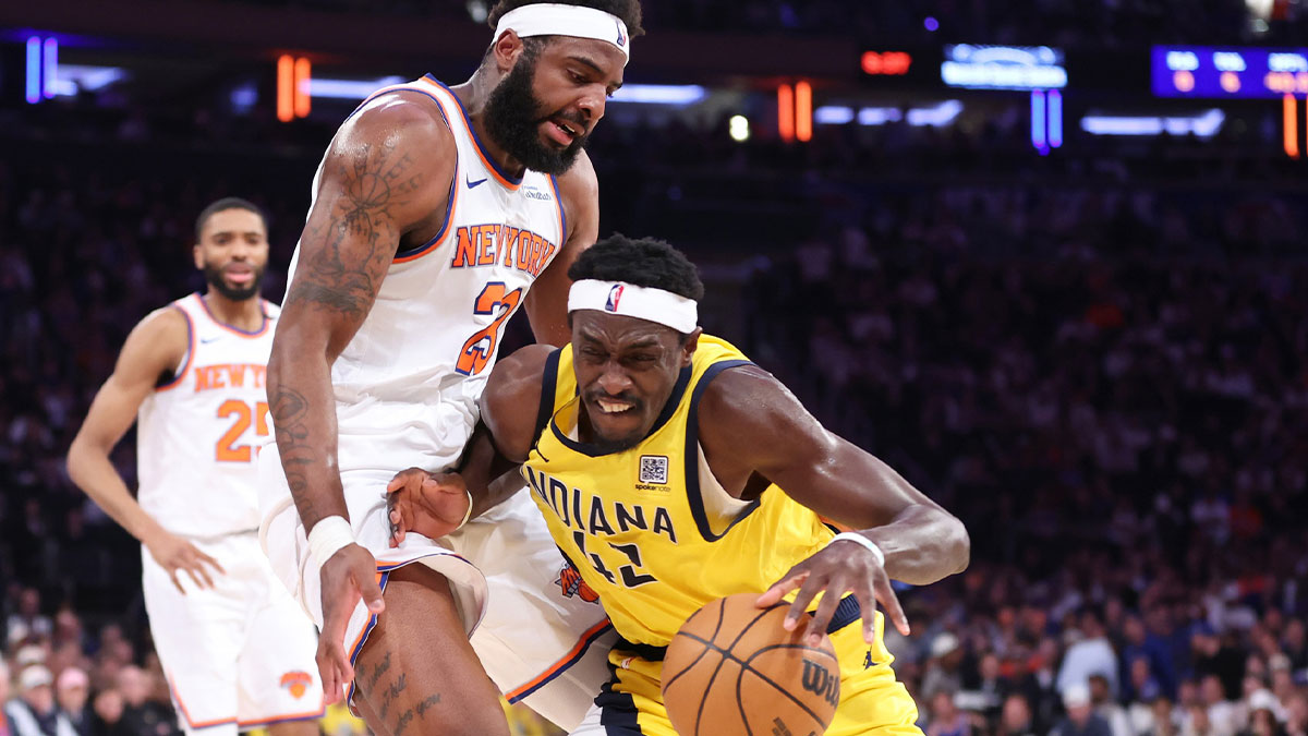 May 23, 2025; New York, New York, USA; Indiana Pacers forward Pascal Siakam (43) controls the ball against New York Knicks center Mitchell Robinson (23) in the first half during game two of the eastern conference finals for the 2025 NBA Playoffs at Madison Square Garden. Mandatory Credit: Wendell Cruz-Imagn Images