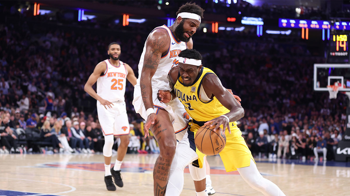 Indiana Pacers forward Pascal Siakam (43) controls the ball against New York Knicks center Mitchell Robinson (23) in the first half during game two of the eastern conference finals for the 2025 NBA Playoffs at Madison Square Garden.