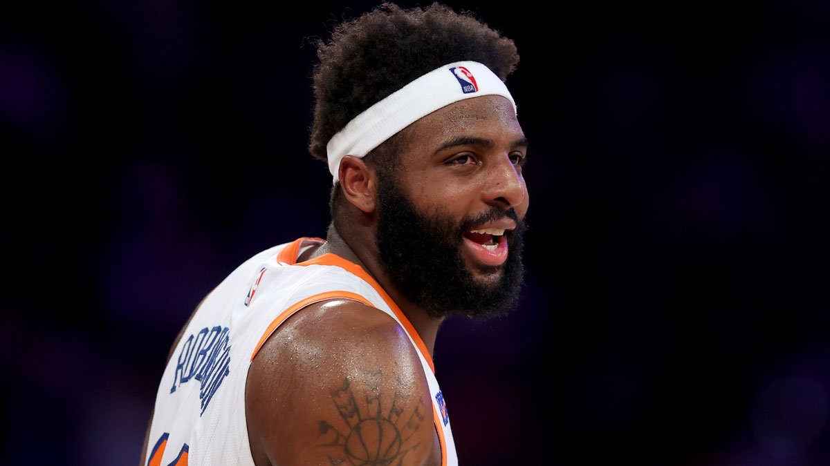 New York Knicks center Mitchell Robinson (23) reacts during the first quarter against the Cleveland Cavaliers at Madison Square Garden.