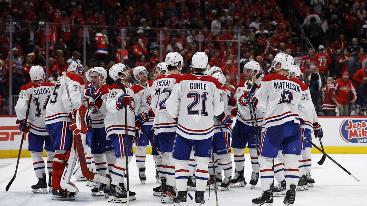 Montreal Canadiens players wait to go through the handshake line after game five of the first round of the 2025 Stanley Cup Playoffs against the Washington Capitals at Capital One Arena.