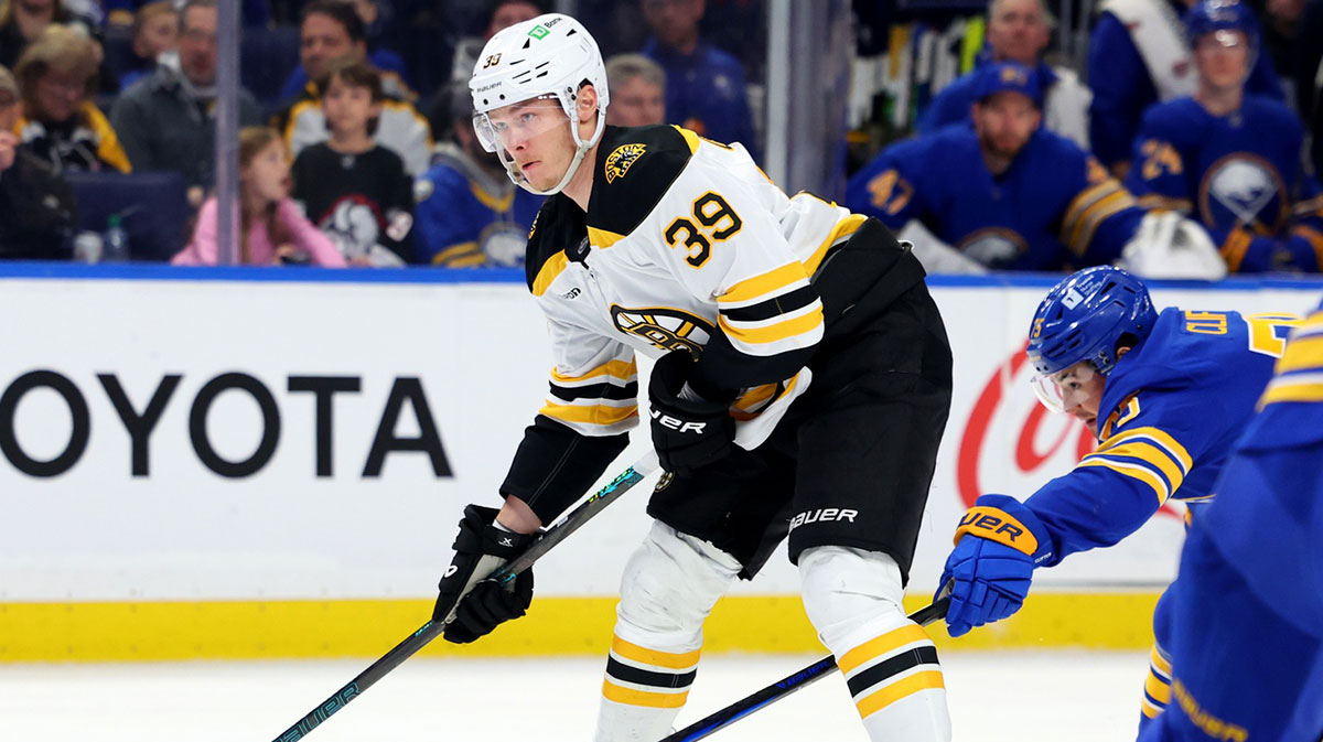 Boston Bruins center Morgan Geekie (39) looks to take a shot on goal during the first period against the Buffalo Sabres at KeyBank Center.