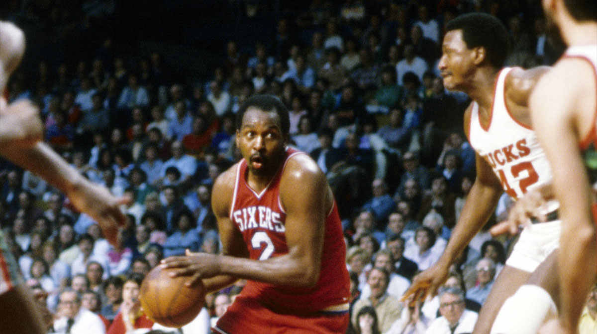 Philadelphia 76ers center Moses Malone (2) in action against the Milwaukee Bucks during the 1982-83 Eastern Conference Finals at Milwaukee Arena.