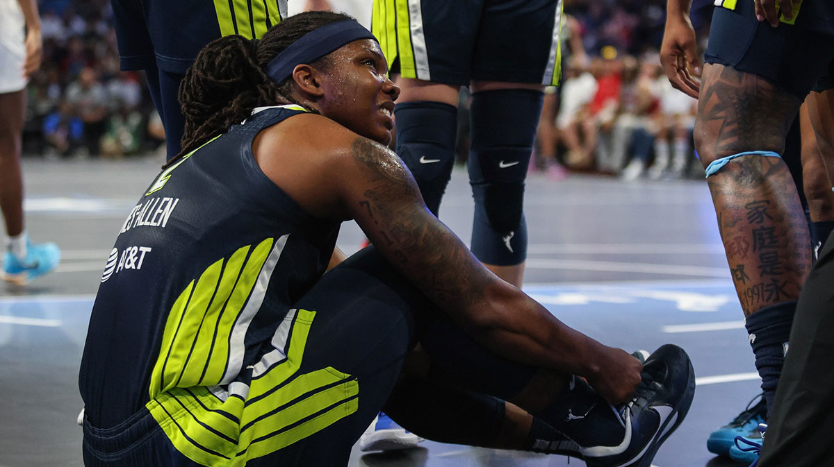 Dallas Wings forward Myisha Hines-Allen (2) on the floor in the game against the Atlanta Dream during the third quarter at Gateway Center Arena at College Park.