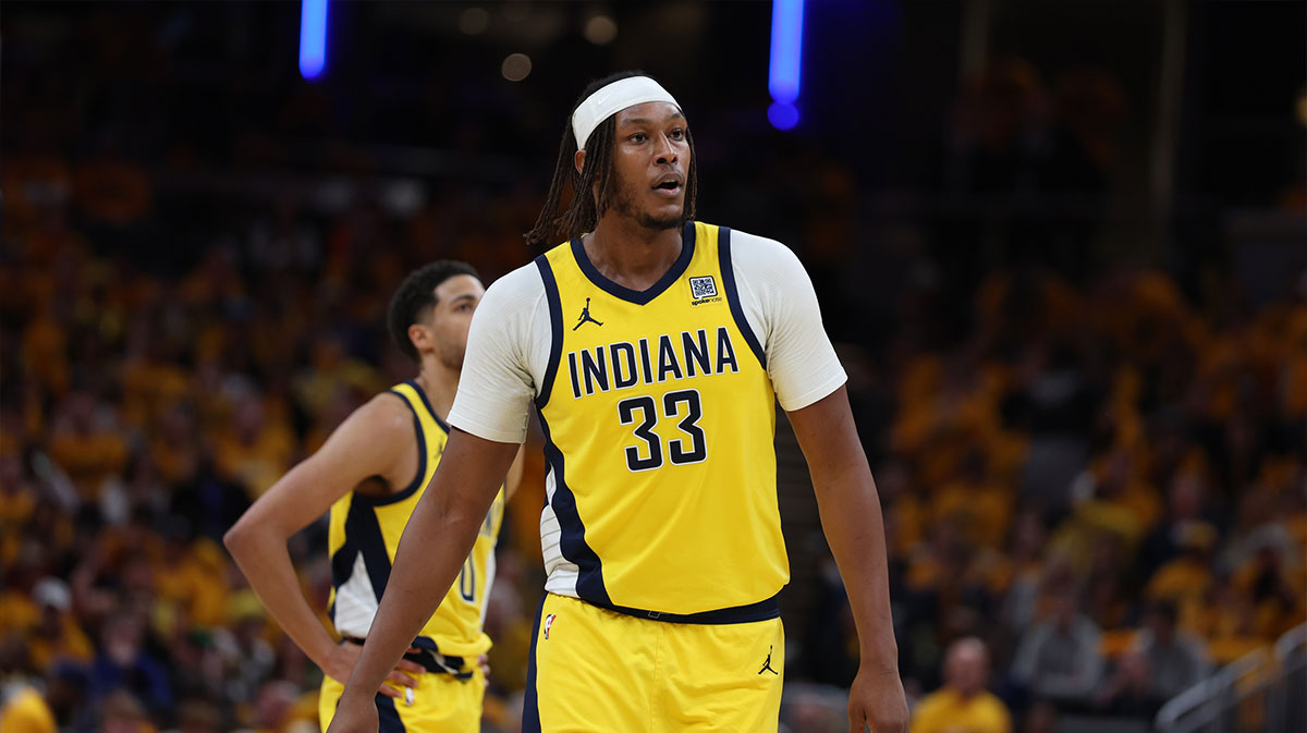 Indiana Pacers center Myles Turner (33) walks downcourt during the third quarter against the New York Knicks during game three of the eastern conference finals for the 2025 NBA Playoffs at Gainbridge Fieldhouse.