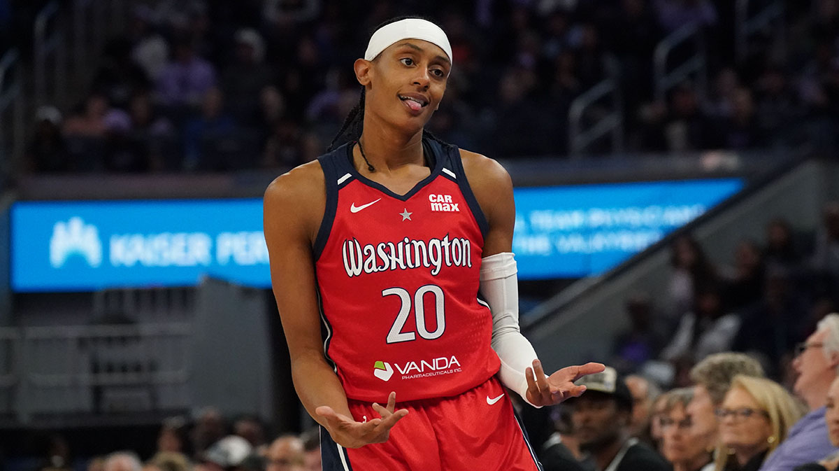 Washington Mystics guard Brittney Sykes (20) celebrates after a basket against the Golden State Valkyries in the fourth quarter at Chase Center.