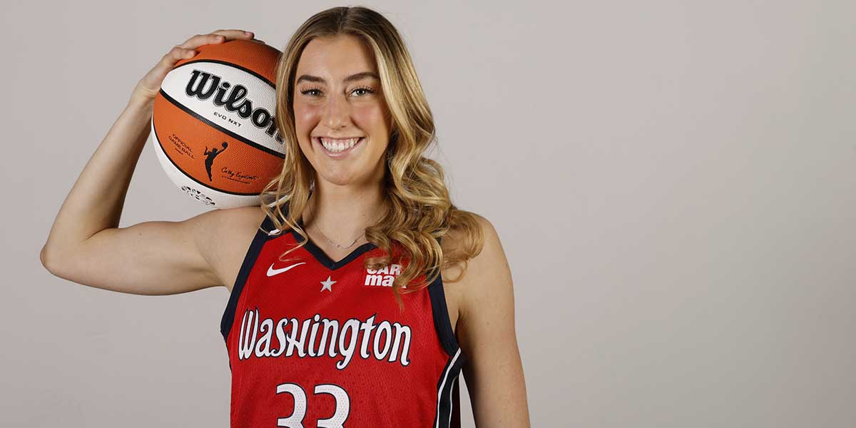 Washington Mystics guard Lucy Olsen (33) poses for a portrait during Mystics Media Day at CareFirst Arena.