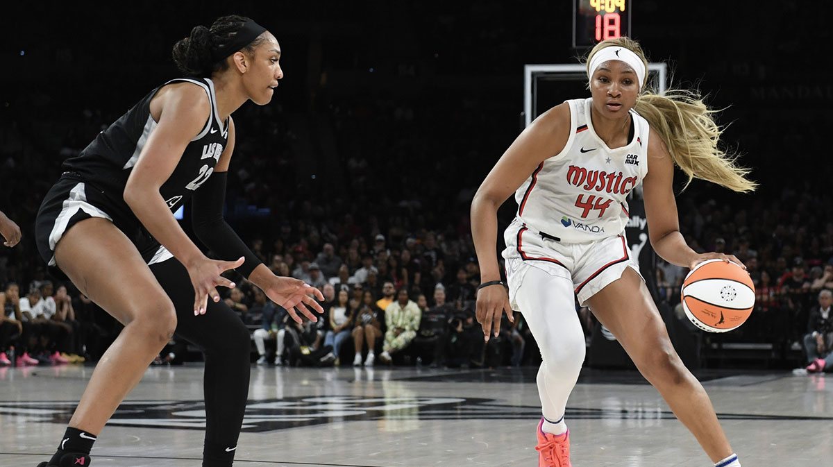 Washington Mystics forward Kiki Iriafen (44) dribbles against Las Vegas Aces center A'ja Wilson (22) in the third quarter at Michelob Ultra Arena.