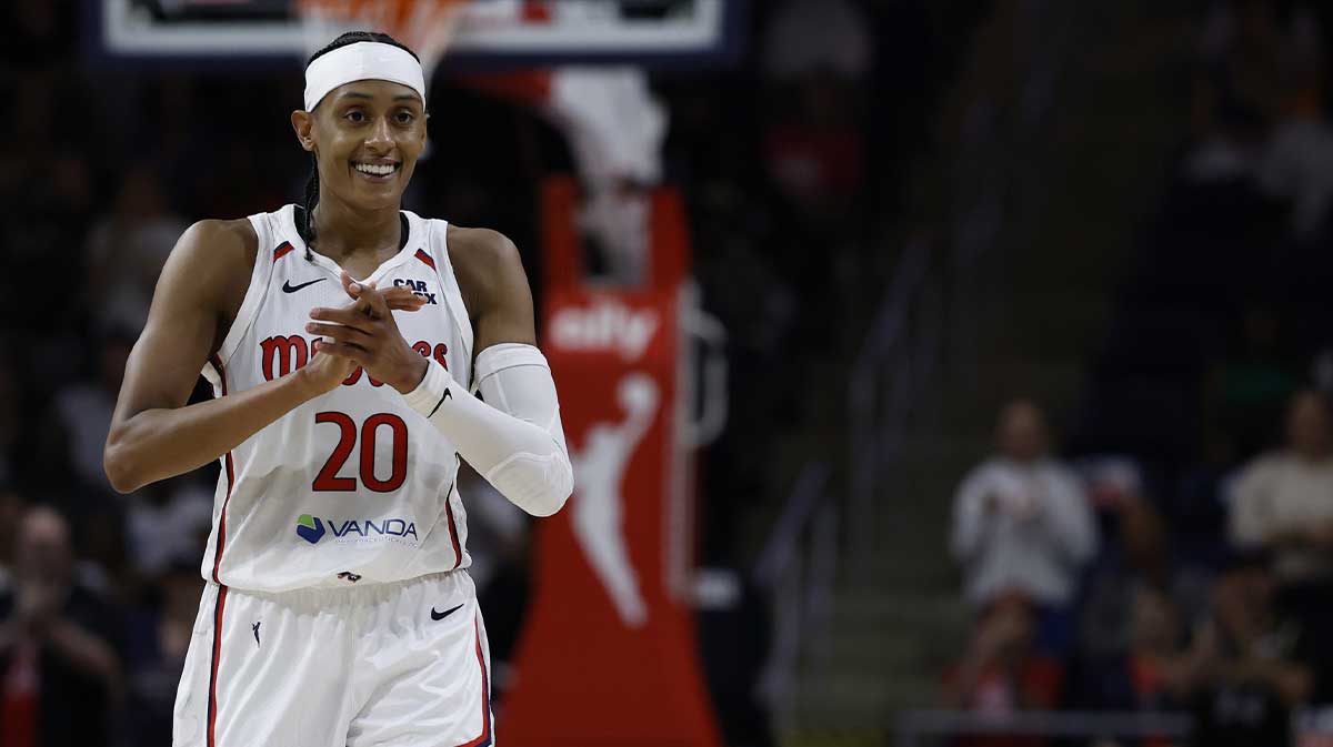 Washington Mystics guard Brittney Sykes celebrates after making a steal against the Atlanta Dream in the final minute in the second half at CareFirst Arena.