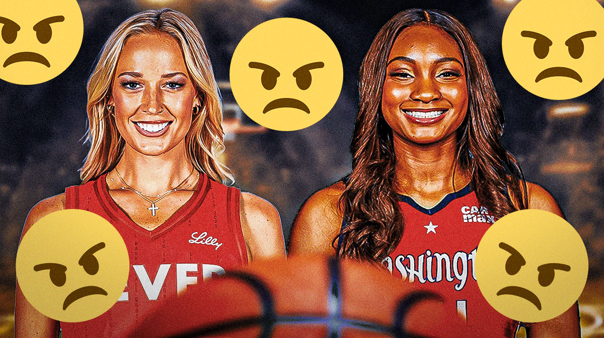 Sophie Cunningham in a Fever jersey, along with Kiki Iriafen in a Mystics jersey with angry emojis around them