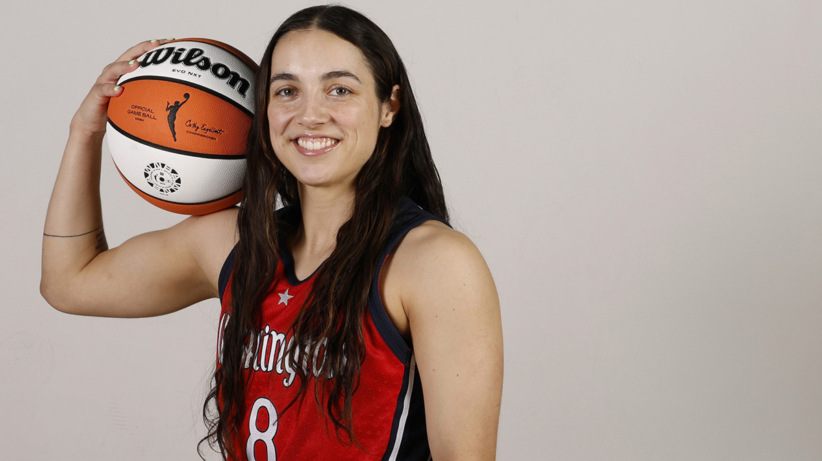 Washington Mystics guard Georgia Amoore (8) poses for a portrait during Mystics Media Day at CareFirst Arena.