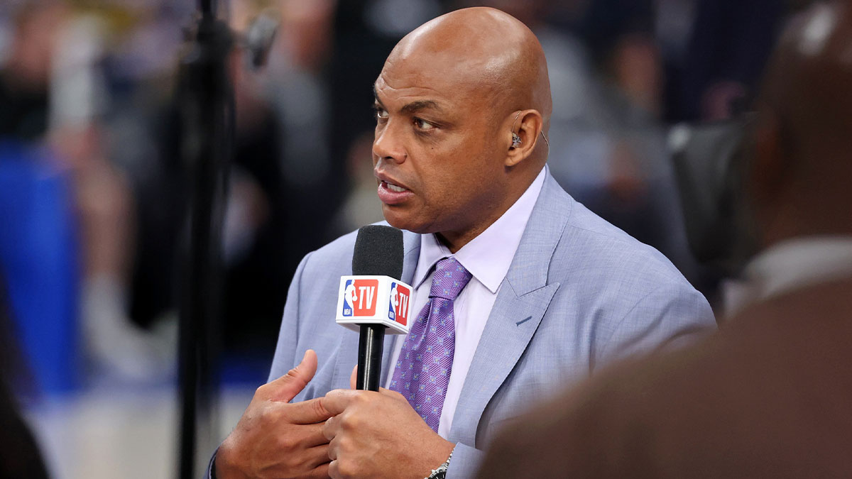 NBA TV analyst Charles Barkley talks on set before game three of the 2024 NBA Finals between the Boston Celtics and the Dallas Mavericks at American Airlines Center.