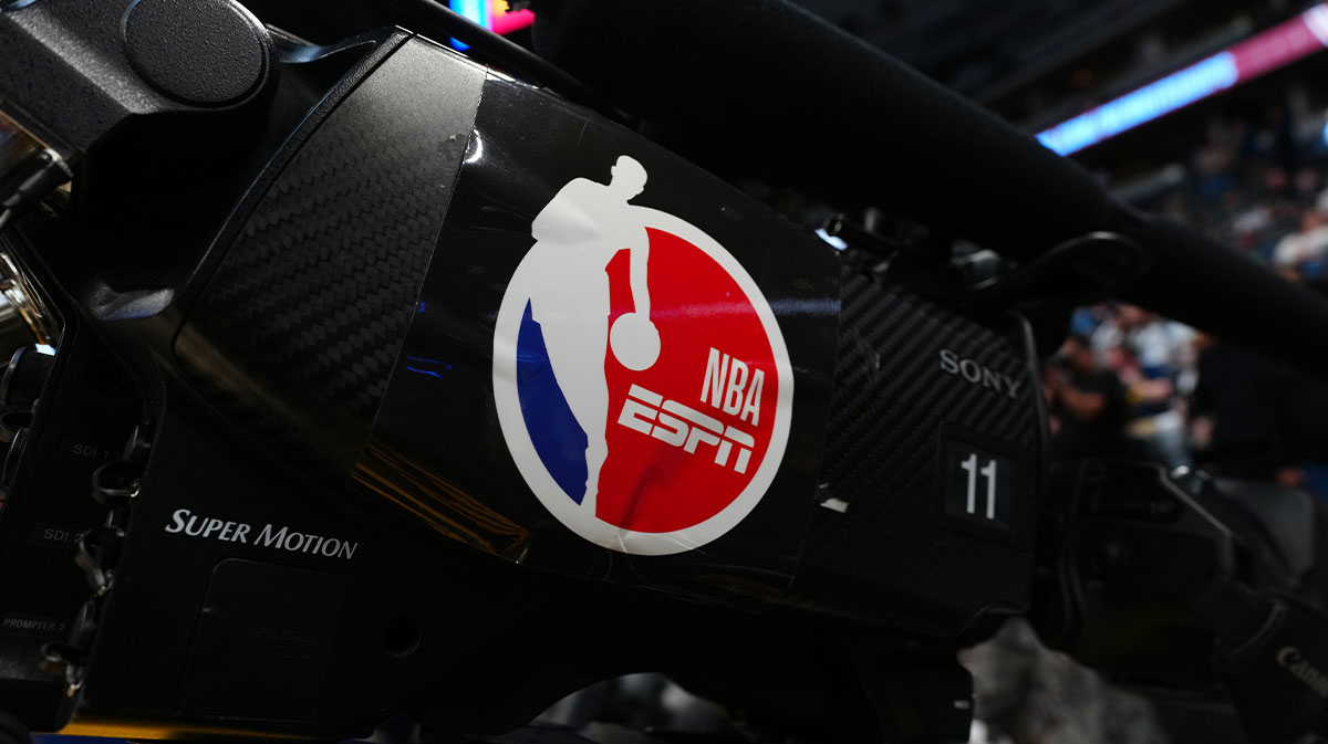 General view of ESPN broadcast camera during a game between the Minnesota Timberwolves and Denver Nuggets at Ball Arena.