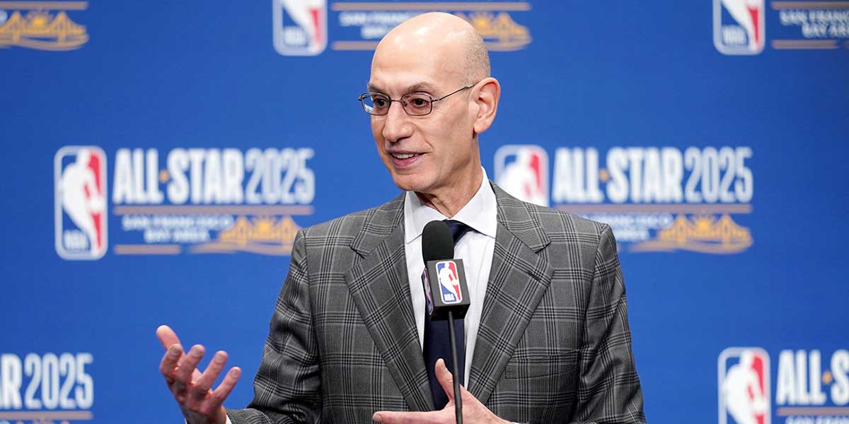 NBA commissioner Adam Silver speaks in a press conference during All Star Saturday Night ahead of the 2025 NBA All Star Game at Chase Center.