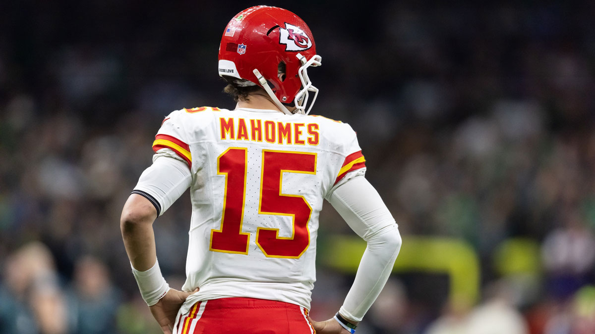 Detailed view of the jersey of Kansas City Chiefs quarterback Patrick Mahomes (15) against the Philadelphia Eagles in Super Bowl LIX at Ceasars Superdome.