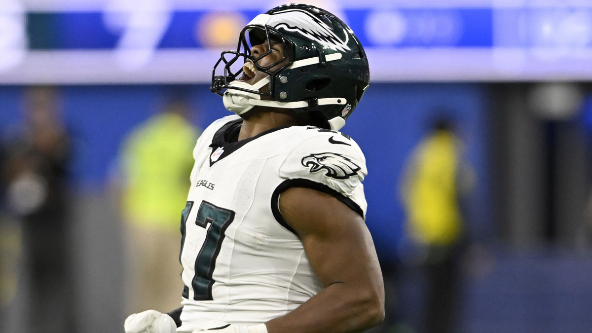 Philadelphia Eagles linebacker Nakobe Dean (17) reacts after sacking Los Angeles Rams quarterback Matthew Stafford (not pictured) during the first half at SoFi Stadium.