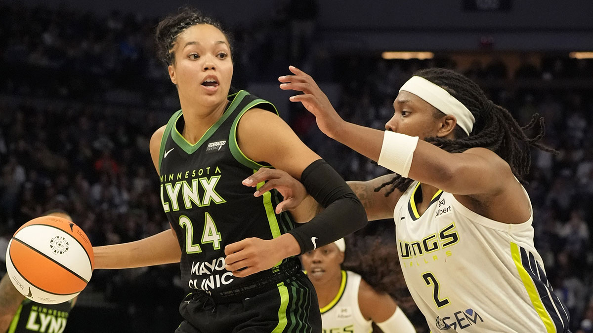 Minnesota Lynx forward Napheesa Collier (24) brings the ball up as Dallas Wings forward Myisha Hines-Allen (2) defends her in the fourth quarter at Target Center.