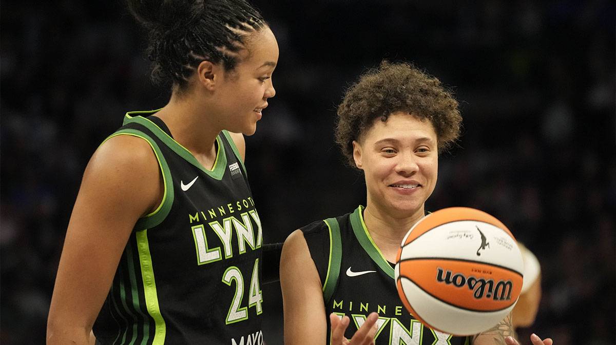Minnesota Lynx forward Napheesa Collier (24) and guard Natisha Hiedeman (2) react after a foul by the Dallas Wings in the fourth quarter at Target Center.