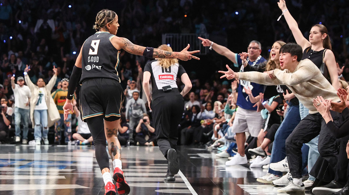 New York Liberty guard Natasha Cloud (9) celebrates after scoring in the fourth quarter against the Las Vegas Aces at Barclays Center.