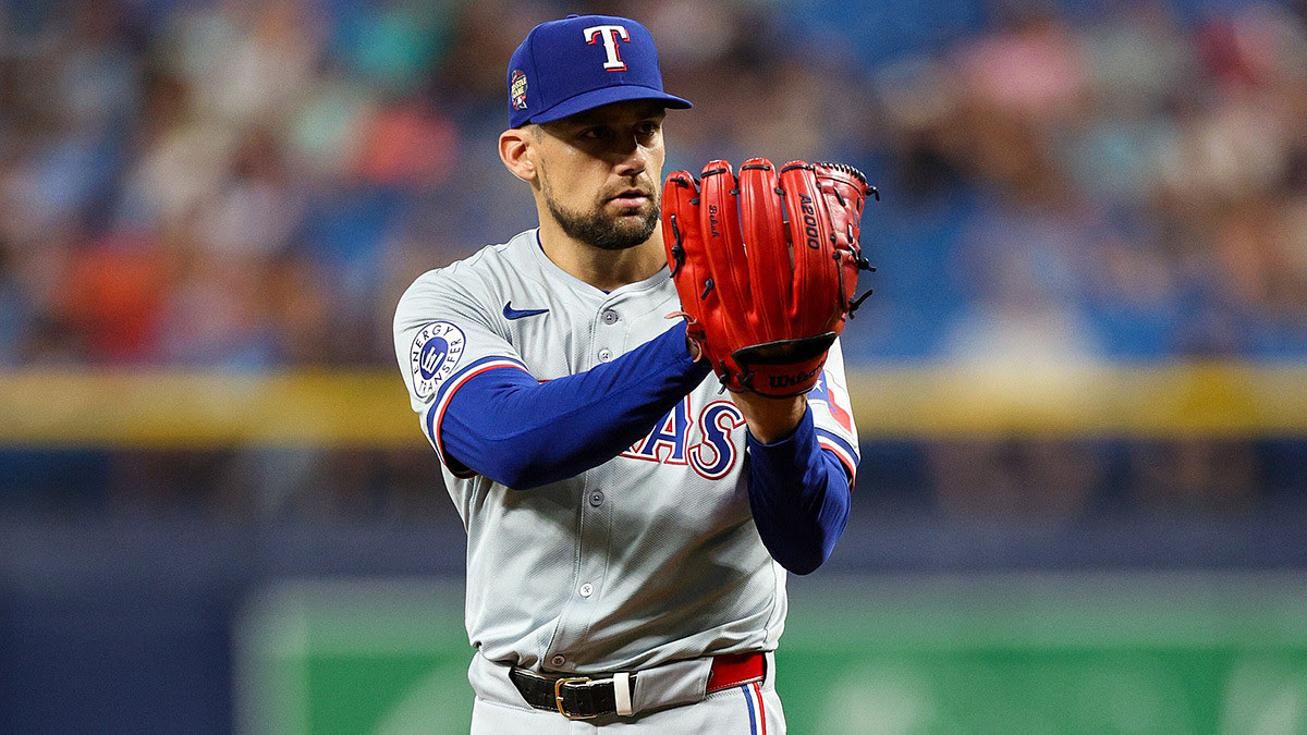 Texas Rangers starting pitcher Nathan Eovaldi (17) throws a pitch against the Tampa Bay Rays in the first inning.