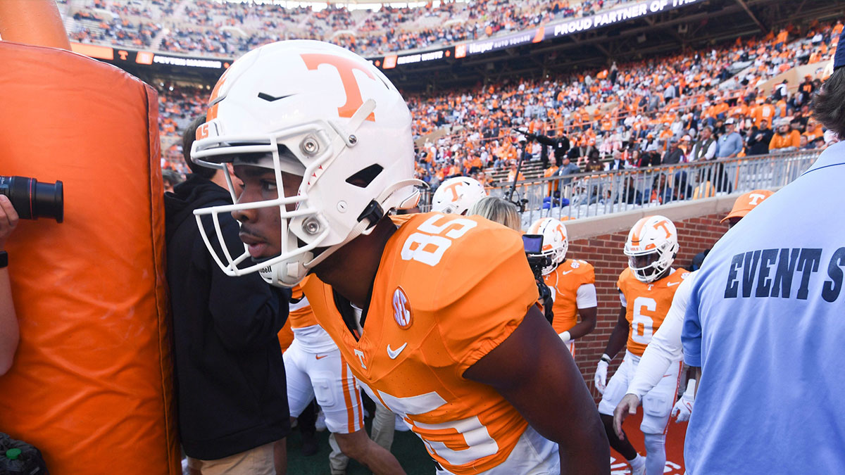 Tennessee wide receiver Nathan Leacock (85) walks onto the field for warm ups before the start of the NCAA college football game between Tennessee and Georgia on Saturday, November 18, 2023 in Knoxville, Tenn.