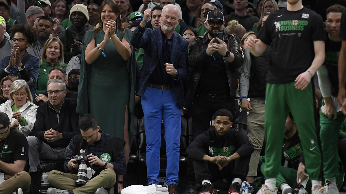 Neal McDonough, who believes Boston will beat the New York Knicks in Game 7, at Celtics-Heat game.