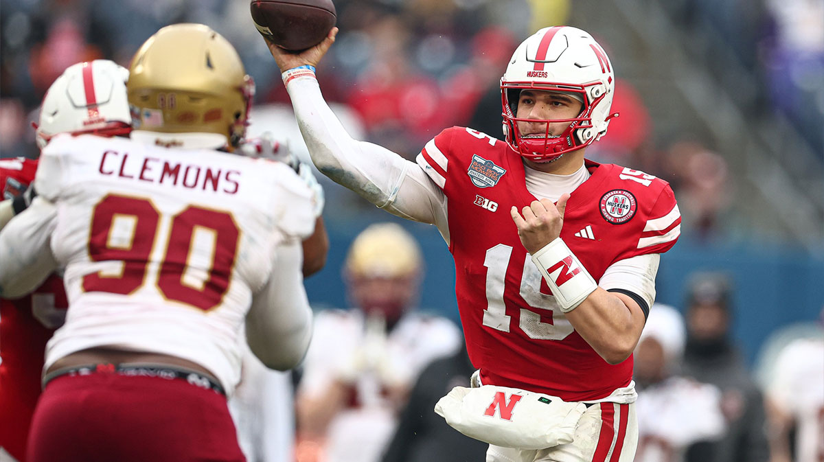 Nebraska Cornhuskers quarterback Dylan Raiola (15) throws the ball during the second half against the Boston College Eagles at Yankee Stadium.