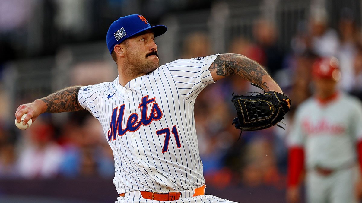 New York Mets pitcher Sean Reid-Foley in action against the Philadelphia Phillies during a London Series baseball game at Queen Elizabeth Olympic Park