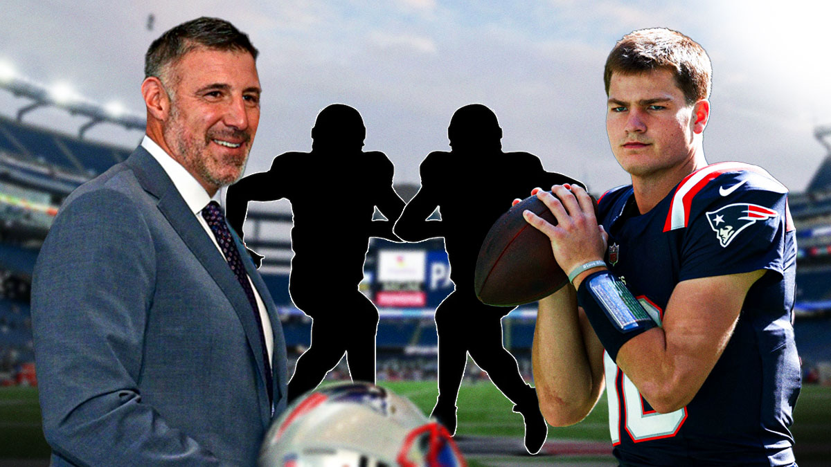 Two mystery players in the middle, Drake Maye and coach Mike Vrabel around them, New England Patriots wallpaper in the background